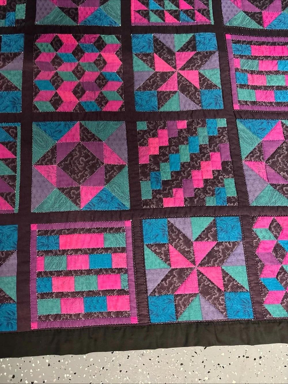 Handmade Hand Quilted Patchwork Quilt in Pink, Teal & Black